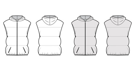 Down vest puffer waistcoat technical fashion illustration with hoody collar, pockets, hip length, wide quilting. Flat template front, back, white, grey color style. Women, men, unisex top CAD mockup © Vectoressa