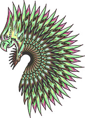 Decorative parrot head splashes on white for your creative ideas. A detailed parrot head in the form of a semicircle with pointed colored feathers in green-red tones for prints and textures, etc.