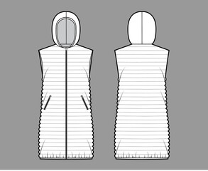 Down vest puffer waistcoat technical fashion illustration with sleeveless, hoody collar, pockets, loose fit, thigh length, narrow quilting. Flat template front, back, white color. Women, men, top CAD
