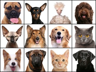 Beautiful animals in a collage in front of a white background