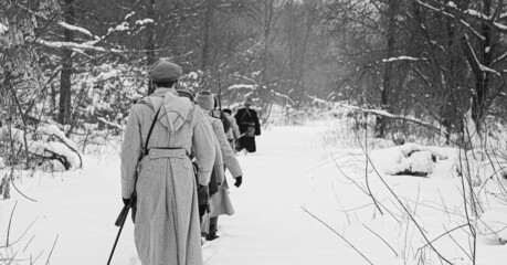 Men Dressed As White Guard Soldiers Of Imperial Russian Army In Russian Civil War Times Marching...