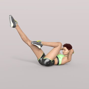 3D Rendering of an Isolated Fitness Girl making bycicle crunch