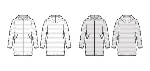 Down puffer coat jacket technical fashion illustration with long sleeves, oversized, hip length, narrow quilting. Flat template front, back, white, grey color style. Women, men, unisex top CAD mockup © Vectoressa