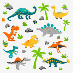 Vector Cute and Funny Flat Dinosaurs - T-rex, Stegosaurus, Velociraptor, Pterodactyl, Brachiosaurus, Ankylosaurus, Diplodocus, Spinosaurus, Brontosaurus, Triceratops. Dinosaur Set Isolated on White