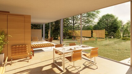 3D render stylish dining room interior design.