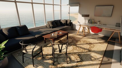 3D rendering Stylish interior design of living room with modern sofa.