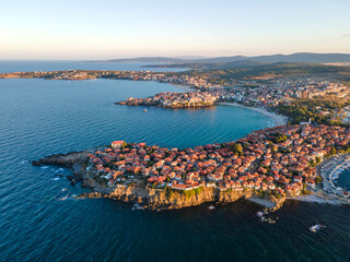Amazing Aerial sunset view of old town of Sozopol, Bulgaria
