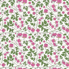 Seamless botanical white pattern with pink dicentra gorgeous flowers
