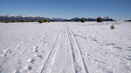 Fototapeta premium Alpine winter landscape. View of the truck tracks across the white field covered with snow in the mountains in a sunny day.