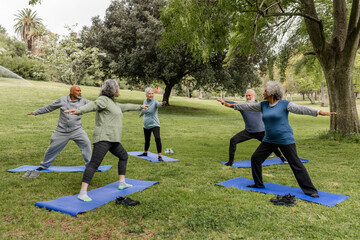 Seniors Engage in Warrior Two While Practicing Yoga