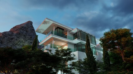 Modern cozy house at sunset.