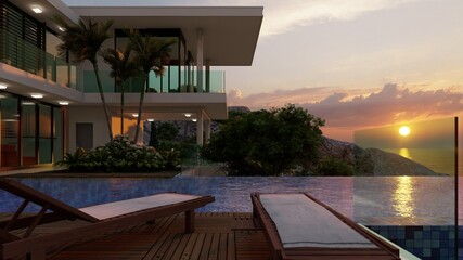 Modern cozy house with pool at sunset.