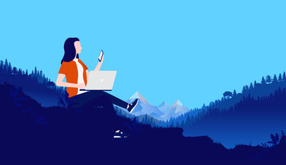 Woman working outdoors in nature landscape - Female person with laptop and smartphone sitting on hill doing work. Freelance and work freedom concept, vector illustration.
