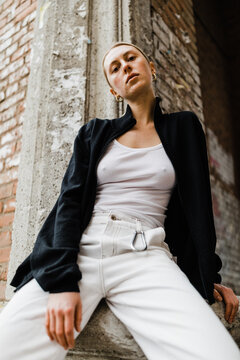 street portrait of cool blond woman 