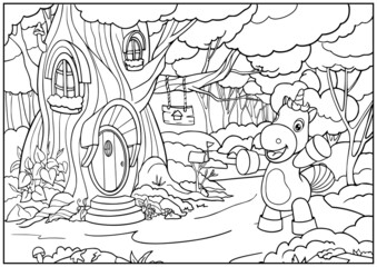 Coloring page with unicorn. Outline drawing of cartoon house on tree. Draw for kids. Worksheet with forest landscape. Vector illustration.