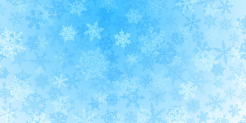 Background of complex translucent Christmas snowflakes in light blue colors. Winter illustration with falling snow