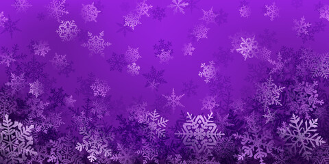 Naklejka na ściany i meble Background of complex Christmas snowflakes in purple colors. Winter illustration with falling snow