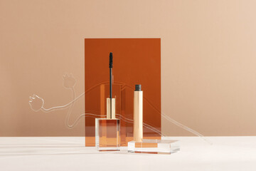 Mascara cosmetics showcase on berge background