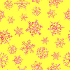 Seamless pattern of complex Christmas snowflakes in red colors on yellow background
