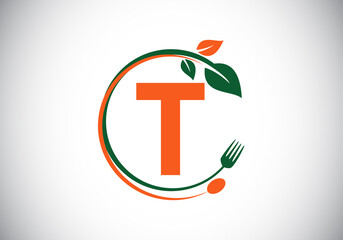 Initial T monogram alphabet with a fork, spoon, and leaf. Healthy, natural, food logo. Modern vector logo for cafe, restaurant, cooking business, and company identity