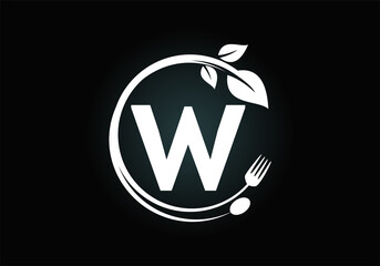 Initial W monogram alphabet with a fork, spoon, and leaf. Healthy, natural, food logo. Modern vector logo for cafe, restaurant, cooking business, and company identity