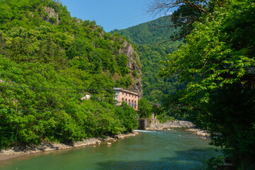 BATUMI, GEORGIA: Stone arch bridge of Queen Tamara near the Adjaristskali River on a sunny summer day.