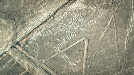 The Spider Nazca ancient mysterious geoglyph. Nazca lines as seen from the aircraft. Nazca lines are landmarks of Peru