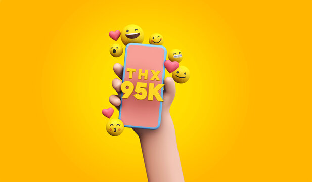 Thanks 95k social media supporters. cartoon hand and smartphone. 3D Render.