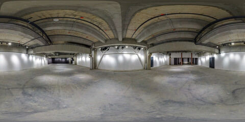 full seamless spherical hdri panorama 360 degrees in interior of large empty room as warehouse,...