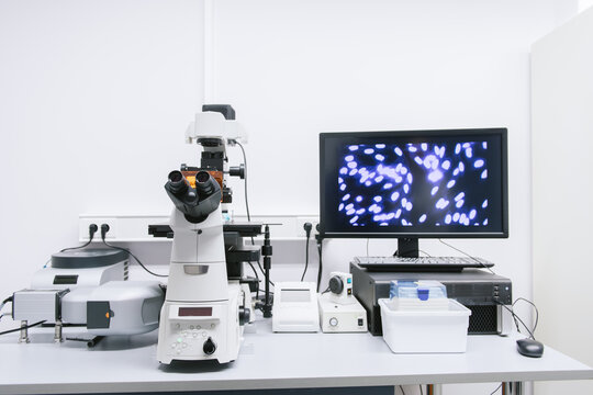 Modern Microscope And Display At Laboratory