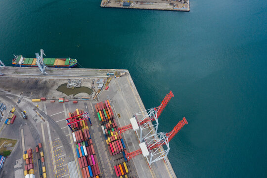 moored ship in the port. photo from above
