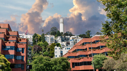 San Francisco, California, USA - August 2019: Coit Tower San Francisco California on a cloudy day