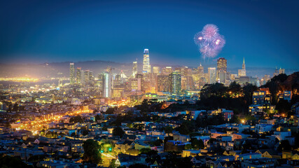 San Francisco, California, USA - August 2019: San Francisco downtown cityscape under fireworks at...
