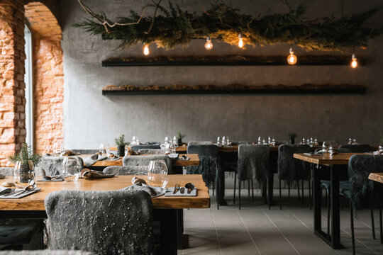 Dinning Tables Set At Modern Stylish Cafeteria

