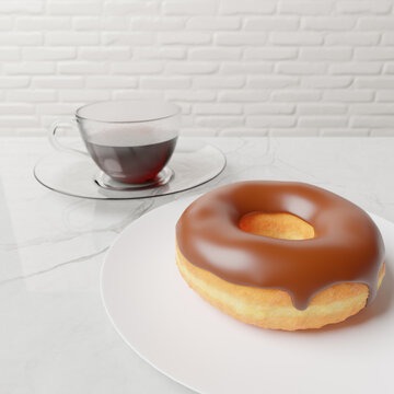 Brown Chocolate Icing Donut And Coffee Cup, 3D Render