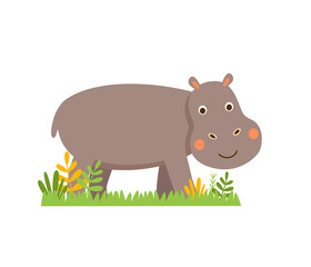 Cute little vector hippopotamus in cartoon style isolated on white background. Baby hippo stands in green grass