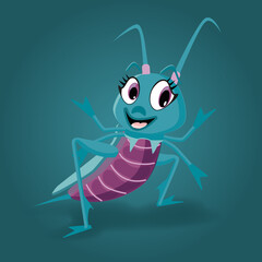 Illustrazione di una locusta, cavalletta, insetto in posizione di presentazione, sorridente e giocosa