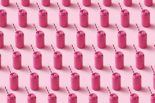 Pattern of pink soda cans with paper straws