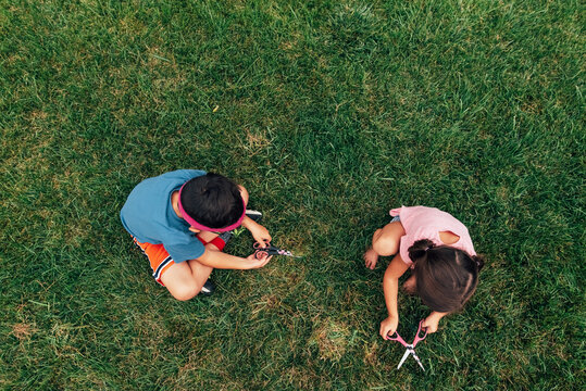 Aerial-view of two children playing in the front yard. 