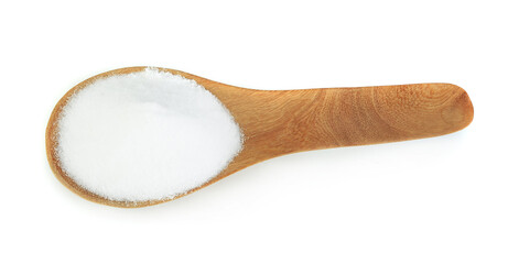 Top view of Sodium Bicarbonate in wooden spoon isolated on white background