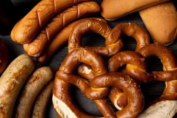 oktoberfest background sausages and pretzels 