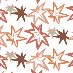 Obraz premium Vector pattern of brown and orange maple leaves on a white background. Ink style. Brush strokes. Doodle. Minimalism. Autumn