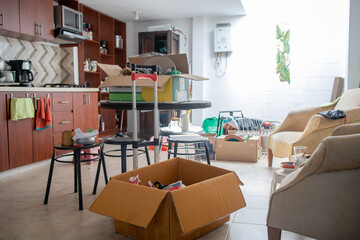 dolly with moving box in apartment