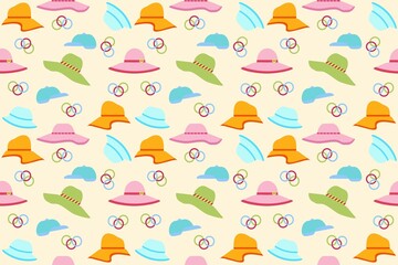 A repeating pattern of summer women's hats of different shapes and colors on a light background for printing onto fabric and wrapping paper
