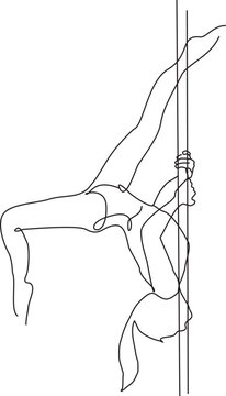 Continuous one line drawing. Woman on a pole in an acrobatic element iguana. Pole dance. Vector illustration