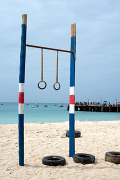 Gymnastic rings bar in tropical beach