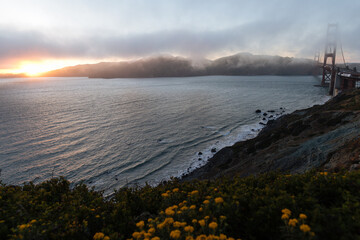 Sunset over the San Francisco Bay with the Golden Gate Bridge 