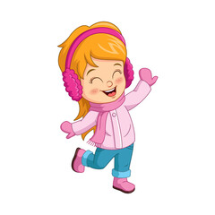Cartoon happy girl wearing winter clothes