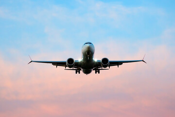 Passenger jet plane flies in the sky. Air transport industry