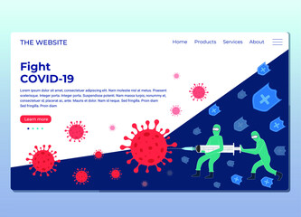 landing page web design doctors fighting with corona virus to save people. concept vector art illustration flat design. covid19 vaccine